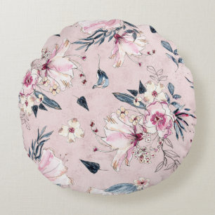 Navy Blue en Blush Waterverf Flowers Throw Pillo Rond Kussen