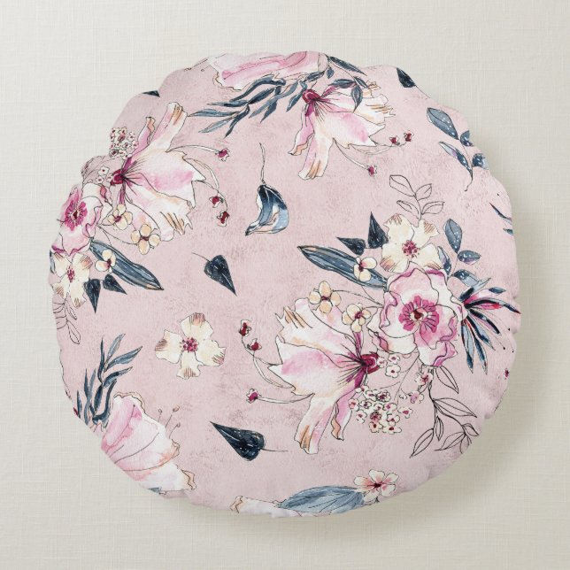 Navy Blue en Blush Waterverf Flowers Throw Pillo Rond Kussen (Voorkant)