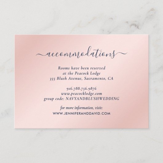 Navy Blue en Blush Wedding Hotel Accommodatie Informatiekaartje (Voorkant)