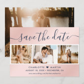 Navy Blue en Blush Wedding Photo Collage Save The Date (Voorkant / Achterkant)