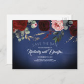 Navy Blue en Bourgogne Red Floral Save the Date Aankondigingskaart (Voorkant / Achterkant)