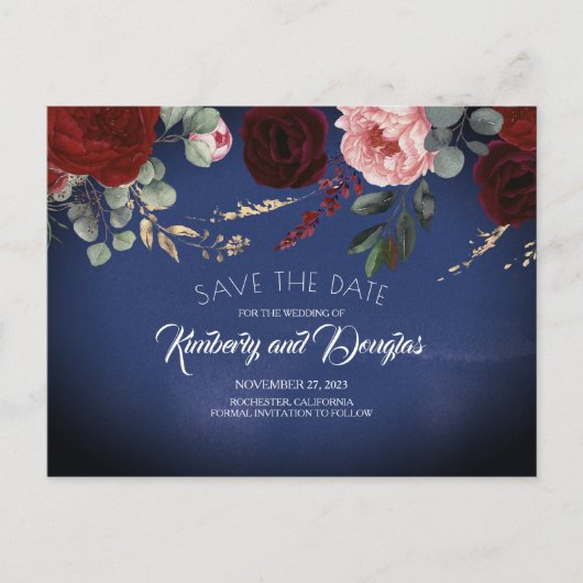 Navy Blue en Bourgogne Red Floral Save the Date Aankondigingskaart (Voorkant)