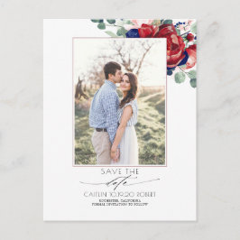 Navy Blue en Bourgogne Red Floral Save the Date Aankondigingskaart