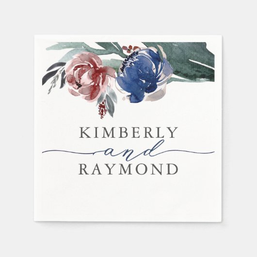 Navy Blue en Bourgondië Elegante Bloemenbruiloft Servet (Voorkant)