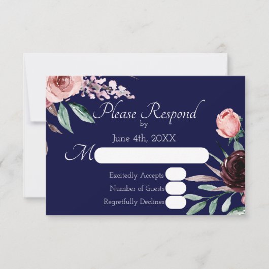Navy Blue en Bourgondië Floral bruiloft RSVP Kaart (Voorkant)