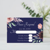 Navy Blue en Bourgondië Floral bruiloft RSVP Kaart (Staand voorkant)