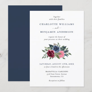 Navy Blue en Bourgondië Floral bruiloft uitnodigin Kaart