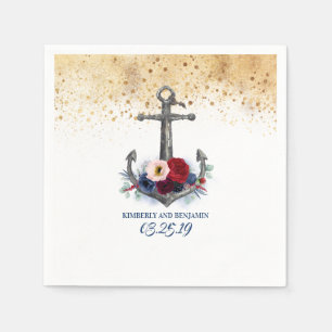 Navy Blue en Bourgondië Red Bloemen Anker Nautisch Servet