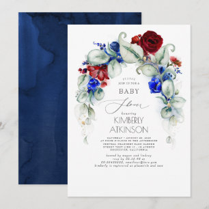 Navy Blue en Bourgondië Red Floral Baby shower Kaart