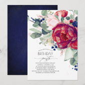 Navy Blue en Bourgondië Red Floral Verjaardagsfees Kaart (Voorkant / Achterkant)