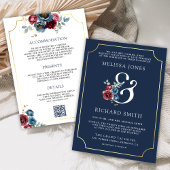 Navy Blue en Bourgondische Bloemen Ampersand Huwel Kaart
