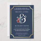 Navy Blue en Bourgondische Bloemen Ampersand Huwel Kaart (Voorkant)