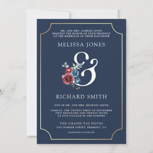 Navy Blue en Bourgondische Bloemen Ampersand Huwel Kaart (Voorkant)