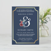 Navy Blue en Bourgondische Bloemen Ampersand Huwel Kaart (Staand voorkant)