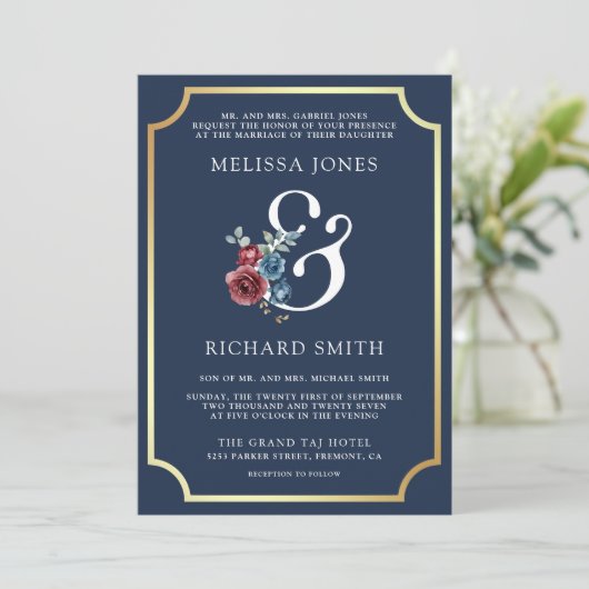 Navy Blue en Bourgondische Bloemen Ampersand Huwel Kaart (Staand voorkant)