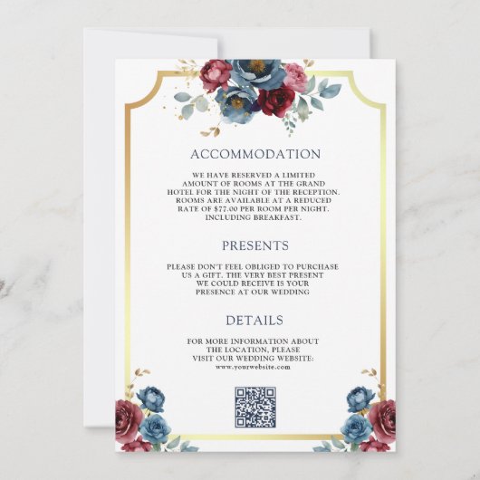 Navy Blue en Bourgondische Bloemen Ampersand Huwel Kaart (Achterkant)