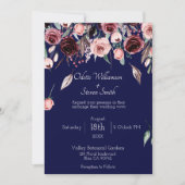 Navy Blue en Bourgondische Botanische Foto Bruilof Kaart (Voorkant)