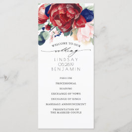 Navy Blue en Bourgondische rode bloemen bruiloft p Programmakaart