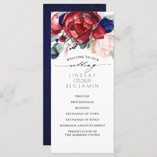 Navy Blue en Bourgondische rode bloemen bruiloft p Programmakaart (Voorkant / Achterkant)