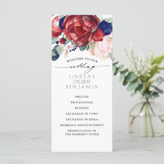 Navy Blue en Bourgondische rode bloemen bruiloft p Programmakaart (Staand voorkant)