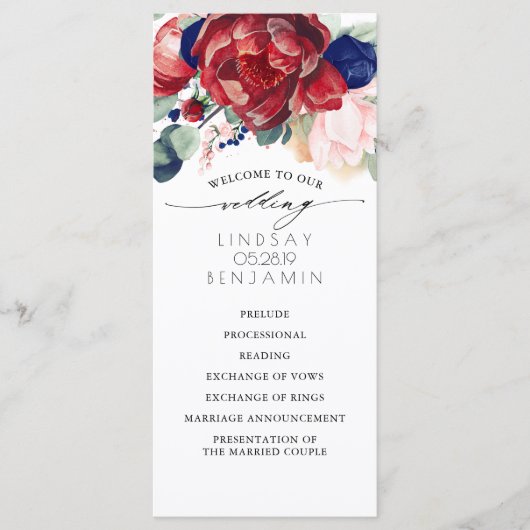 Navy Blue en Bourgondische rode bloemen bruiloft p Programmakaart (Voorkant)