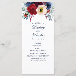 Navy Blue en Bourgondische rode bloemen bruiloft p Programmakaart