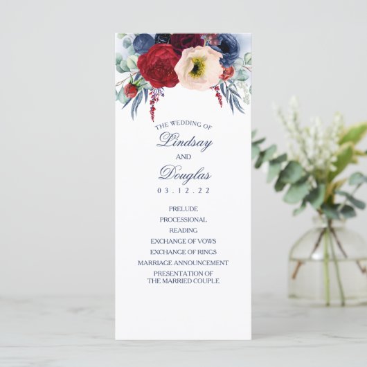 Navy Blue en Bourgondische rode bloemen bruiloft p Programmakaart (Staand voorkant)