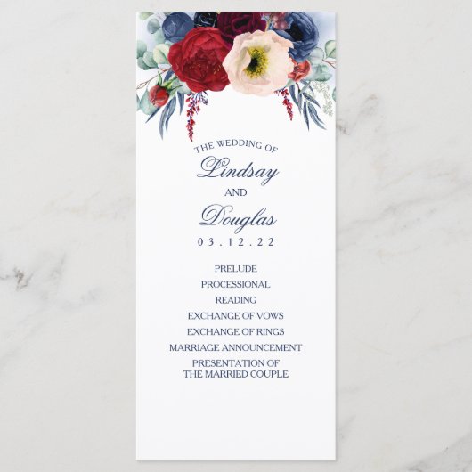 Navy Blue en Bourgondische rode bloemen bruiloft p Programmakaart (Voorkant)