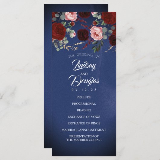 Navy Blue en Bourgondische rode bloemen bruiloft p Programmakaart (Voorkant / Achterkant)