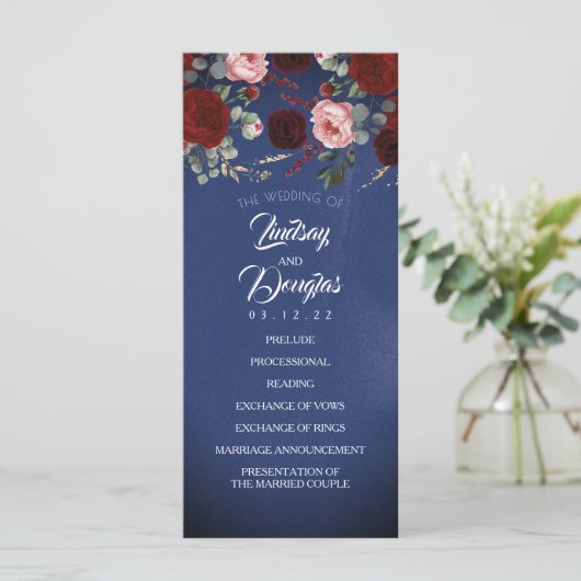Navy Blue en Bourgondische rode bloemen bruiloft p Programmakaart (Staand voorkant)