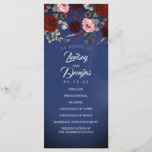 Navy Blue en Bourgondische rode bloemen bruiloft p Programmakaart (Voorkant)
