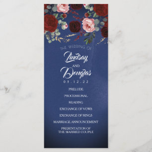 Navy Blue en Bourgondische rode bloemen bruiloft p Programmakaart