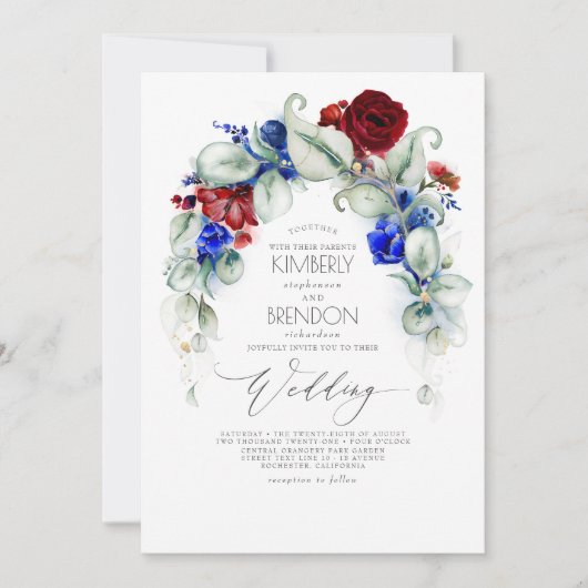 Navy Blue en Bourgondische rode bloemen Elegante b Kaart (Voorkant)