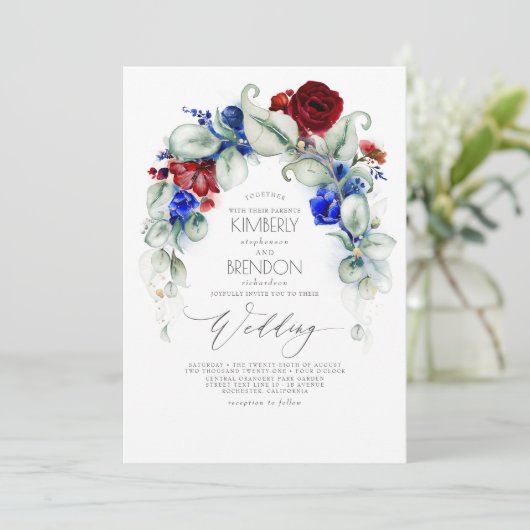 Navy Blue en Bourgondische rode bloemen Elegante b Kaart (Staand voorkant)