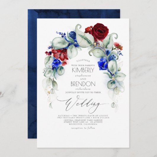 Navy Blue en Bourgondische rode bloemen Elegante b Kaart (Voorkant / Achterkant)