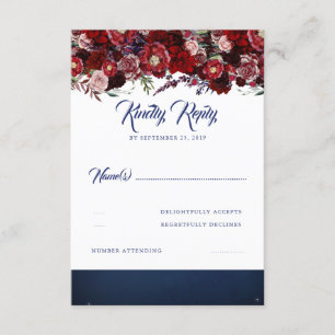Navy Blue en Bourgondische rode bruiloft RSVP Kaartje