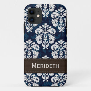 Navy Blue en Brown Damask iPhone 11 Hoesje