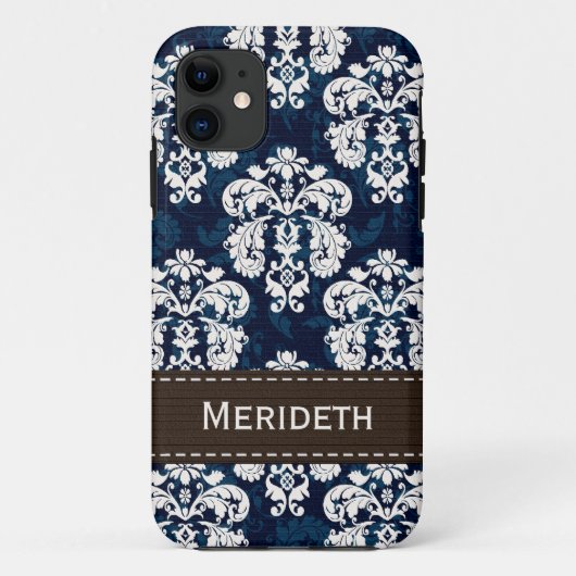Navy Blue en Brown Damask Case-Mate iPhone Case (Achterkant)