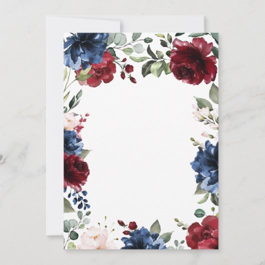 Navy Blue en Burgundy Blush Pink Floral Wedding Kaart (Achterkant)