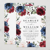 Navy Blue en Burgundy Blush Pink Floral Wedding Kaart (Voorkant / Achterkant)