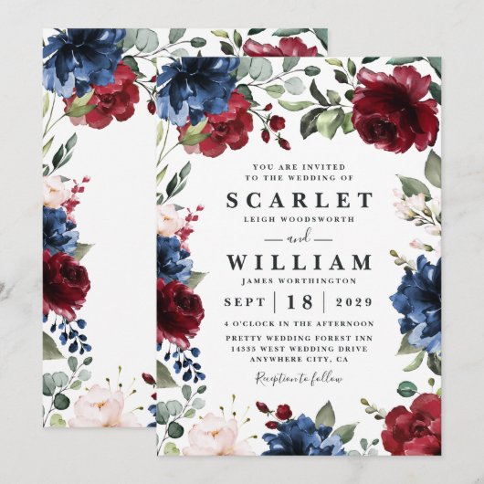 Navy Blue en Burgundy Blush Pink Floral Wedding Kaart (Voorkant / Achterkant)