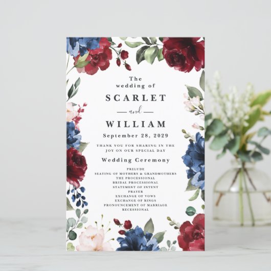Navy Blue en Burgundy Blush Pink Wedding Programs (Staand voorkant)