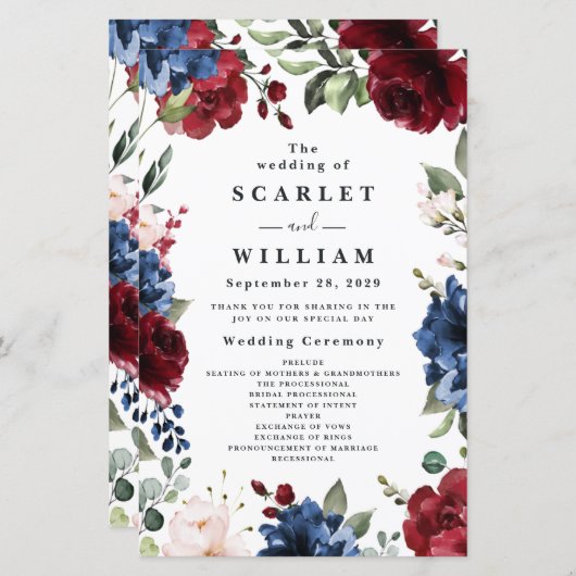 Navy Blue en Burgundy Blush Pink Wedding Programs (Voorkant / Achterkant)