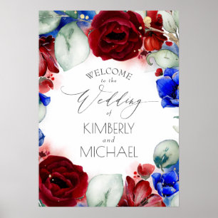Navy Blue en Burgundy Floral Wedding Welcome Poster