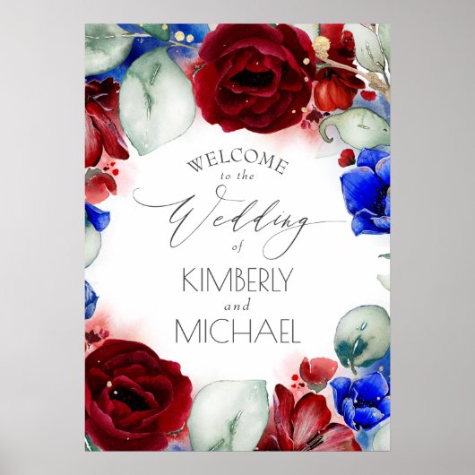 Navy Blue en Burgundy Floral Wedding Welcome Poster (Voorkant)