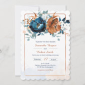 Navy Blue en Burnt Oranje Wedding Kaart (Voorkant)
