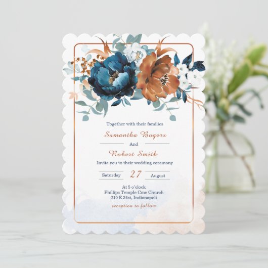 Navy Blue en Burnt Oranje Wedding Kaart (Staand voorkant)