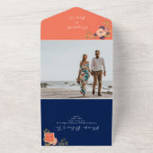Navy Blue en Coral Boho Bloemen Huwelijk All In One Uitnodiging (Buitenkant)
