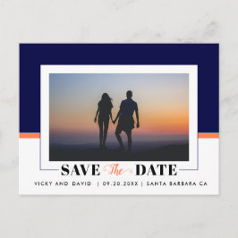 Navy blue en coral bruiloft Sparen de Datum foto Briefkaart