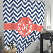 Navy Blue en Coral Chevron Laurel Monogram Douchegordijn